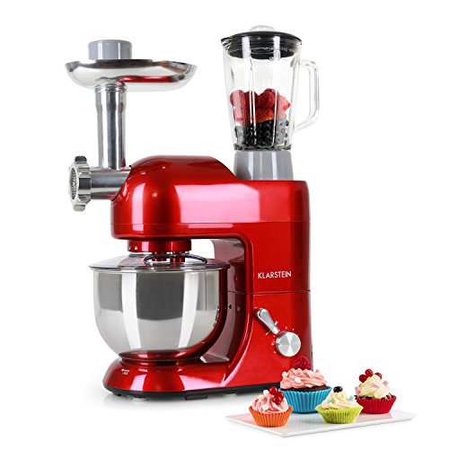 KLARSTEIN Lucia Rossa • Multifunction Stand Mixer • Kitchen Machine • 650 Watts • 5.3 qt Bowl • 1.3 qt Mixing Glass • Meat Grinder • Pasta Maker • Blender • Adjustable Speed • Red
